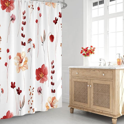 Red Linen Shower Curtain, Floral Curtain for Bathroom, 72x72 | Waterproof Fabric, Modern Minimalist Floral Print, Machine Washable, Rustproof Grommets, for Bathroom Home