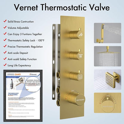 Shower Faucet Set Brushed Gold,Thermostatic Shower System with Body Jets,16 inch Ceiling Rainfall Faucet Set with with 6 PCS Dual Modes Body Jets(3 Inch) Can All Run Together
