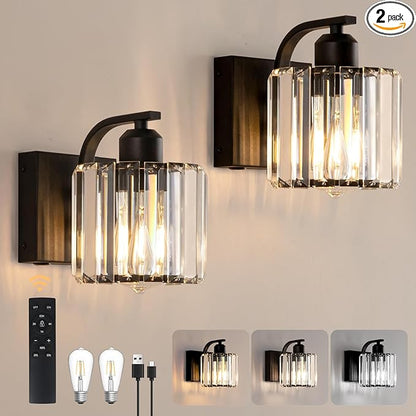 BELS 8 Inch Battery Operated Wall Sconces Set of 2, Farmhouse Black Wall Lights Fixture with Crystal Shade, 3 Colors Temperature, Remote Control, Dimmable, Wall Sconces for Mirror, Bathroom, Bedroom