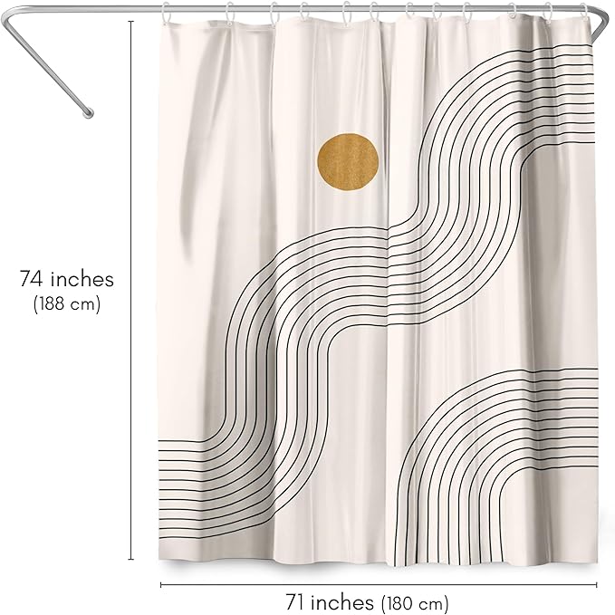 Americanflat 71x74 Boho Shower Curtain - Water-Resistant Long Shower Curtain with Durable Metal Grommets and 12 Hooks - 100% Polyester - Warm Beige, Black, and Ochre Yellow