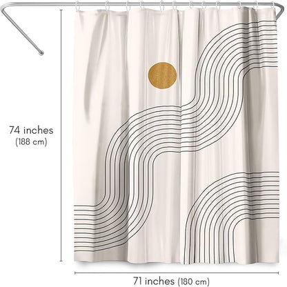 Americanflat 71x74 Boho Shower Curtain - Water-Resistant Long Shower Curtain with Durable Metal Grommets and 12 Hooks - 100% Polyester - Warm Beige, Black, and Ochre Yellow