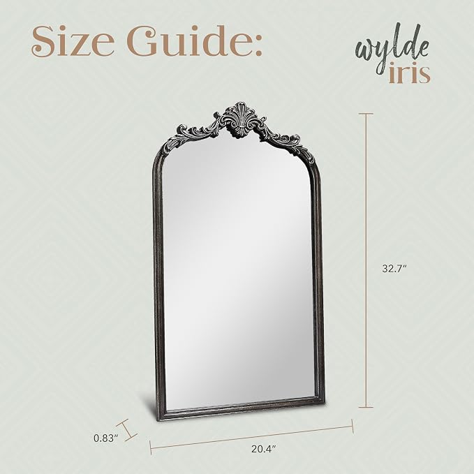English Estate Carved Arch Wood Wall Mirror, Mirror for Entryway, Living Room, Bathroom, Distressed Black, 20.4x33