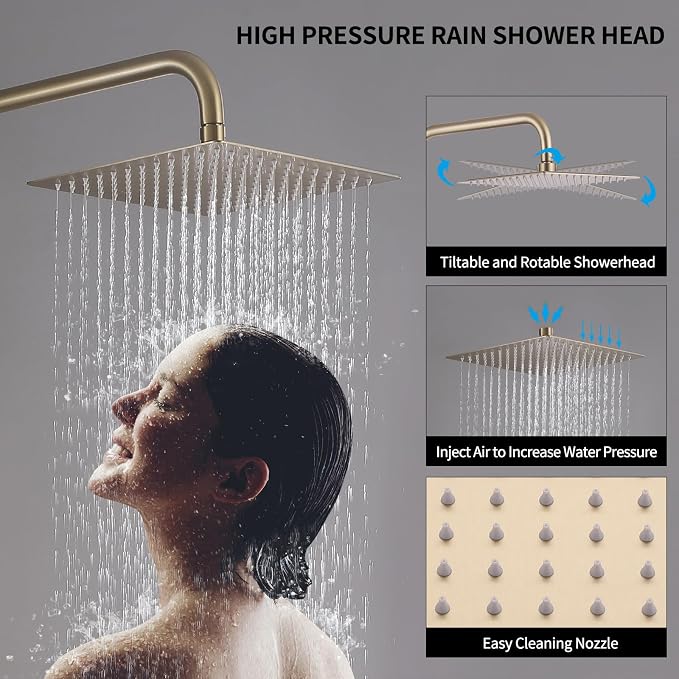 Exposed Shower System 10" Brushed Gold Rainfall Shower Head with 2 Modes Handheld and Tub Faucet Set, Square Shower Head 3 Functions Outdoor Shower Fixtures with Brass Valve, Height Adjustable