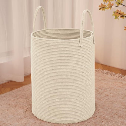 JMvicyroam 80L Cotton Rope Laundry Basket Hamper, Beige | Collapsible laundry basket, reinforced handles, freestanding, machine washable, holds 3-5 thick blankets, clothes or toys