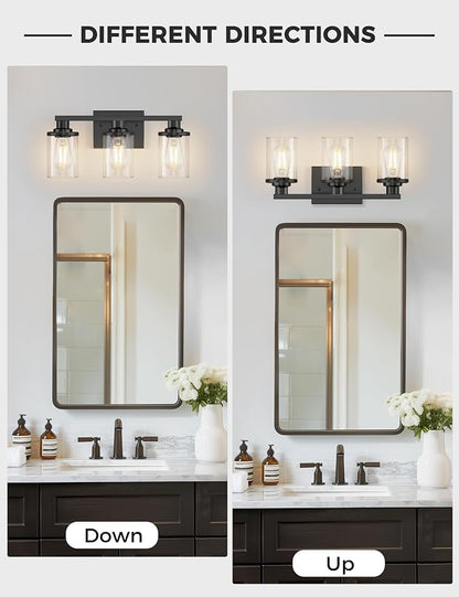 L LOHAS LED 3-Light Black Bathroom Light Fixtures,Modern Bathroom Lighting Fixtures Over Mirror with Clear Glass Shade, Vanity Lights for Living Room, ETL Listed | Clear Glass Shades; Modern Bathroom Lighting Fixture for Living Rooms