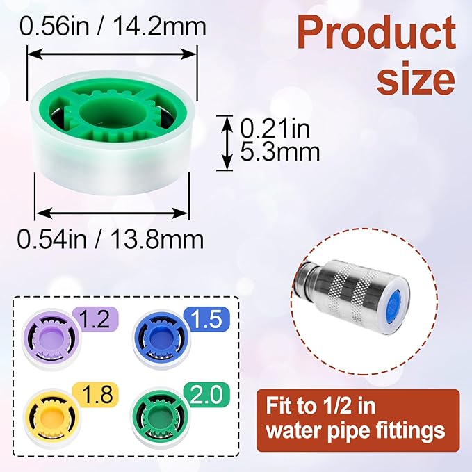 4pcs Shower Head Flow Restrictor, 1.2/1.5/1.8/2.0 GPM | Shower Head Water Saver, Plastic, 0.56 0.54 0.21 in, Universal Size, 14mm Connector