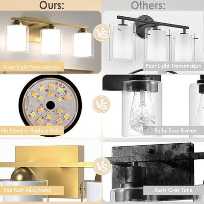 Quntis Gold Bathroom Light Fixtures, 4 Light Modern Vanity Lights Over Mirror, 5 Colors & Stepless Dimmable LED Bathroom Lighting with Milk White Frosted Glass, 27 Inch (Bulbs Included)