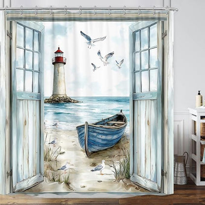 Coastal Beach Shower Curtain, Nautical Lighthouse Sailboat Ocean Seaside Seascape Shower Curtain Set, Rustic Barn Door Seashore Fabric Boho Shower Curtain for Bathroom 12 Hooks, 72"×72" Turquoise Teal