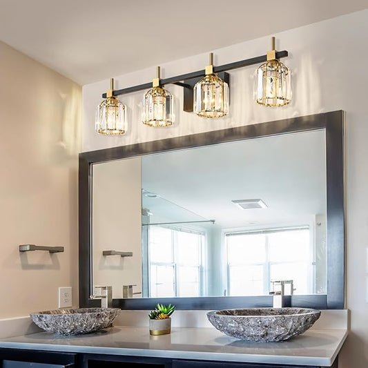 SOLFART Crystal 4 Lights Bathroom Lights Over Mirror Bathroom Light Fixtures Vanity Light Fixture Crystal Bathroom Vanity Light 4T