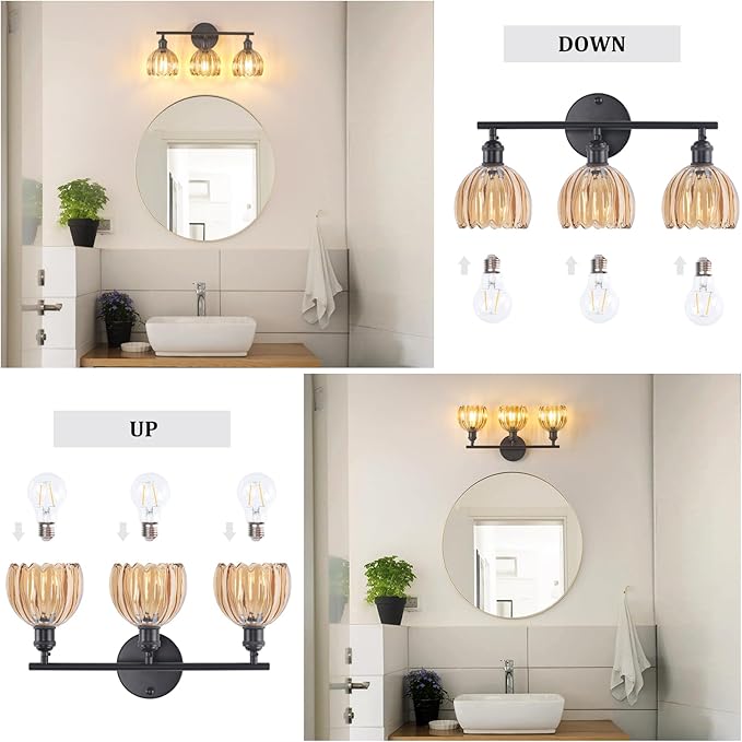 Bathroom Light Fixtures, 3-Light Black Vanity wall Light Over Mirror with Amber Tulip Glass Shade for Bedroom Living Room (Bulb Not Included)