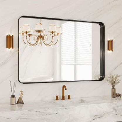 48X32 Inch Metal Black Framed Bathroom Mirror for Wall, Matte Framed Rounded Rectangular Modern Mirrors for Over Sink, Anti-Rust, HD Tempered Glass, Farmhouse, Hangs Horizontally or Vertically