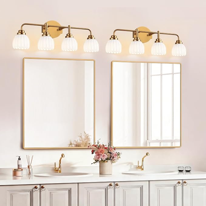 maesta Gold Broom Light Fixture,4 Light Vintage Vanity Light Over Mirror | Vintage Vanity Light, Brushed Gold Metal & Milk White Glass Shades, Anti-Rust, Easy to Install for Bathroom Hallway Bedroom
