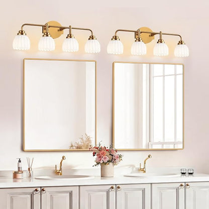 maesta Gold Broom Light Fixture,4 Light Vintage Vanity Light Over Mirror | Vintage Vanity Light, Brushed Gold Metal & Milk White Glass Shades, Anti-Rust, Easy to Install for Bathroom Hallway Bedroom