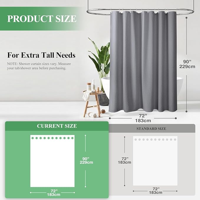 Extra Long Waffle Shower Curtain 256 GSM Fabric 72x90 Grey/Gray | 90 Inch Tall, Thick Cloth, Weighted Hem, Water Repellent, Hotel Luxury Polyester Shower Curtain Set for Bathroom 12 Hooks