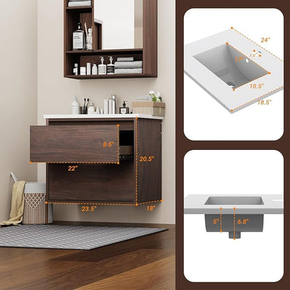 Floating Bathroom Vanity | 24-Inch Modern Walnut Color Lacquer Finish, with Sink, 2 Drawers, Space-Saving Design for Small Bathrooms, Easy Installation