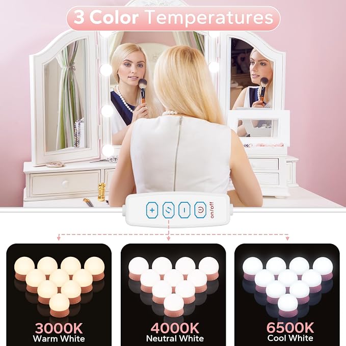 LED Vanity Lights For Mirror, Pink Vanity Light Stick on with 10 Bulbs | 3000K 4000K 6500K & 10 Level Brightness Adjustable USB Cable Hollywood Mirror Lights for Makeup Dressing Room Bathroom