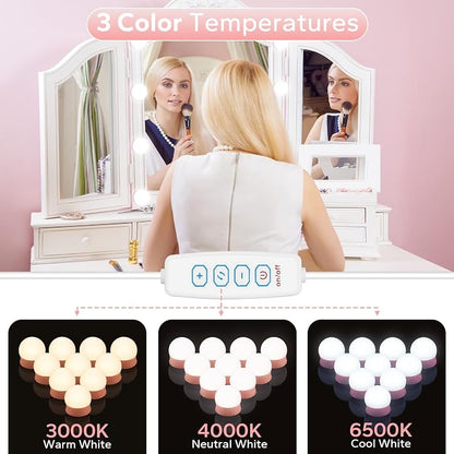 LED Vanity Lights For Mirror, Pink Vanity Light Stick on with 10 Bulbs | 3000K 4000K 6500K & 10 Level Brightness Adjustable USB Cable Hollywood Mirror Lights for Makeup Dressing Room Bathroom