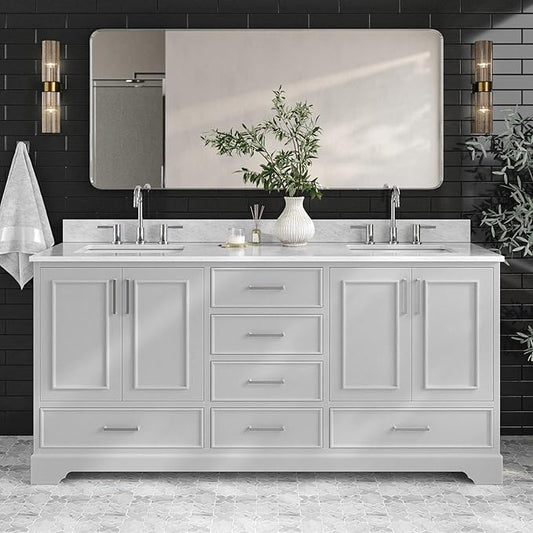 ARIEL Stafford 72-inch Bathroom Vanity with Sink,Solid Wood, 0.75-inch Italian Carrara Marble Countertop, Double Rectangular Porcelain Sink, 4 Soft Closing Doors, 6 Dovetail Drawers, Grey