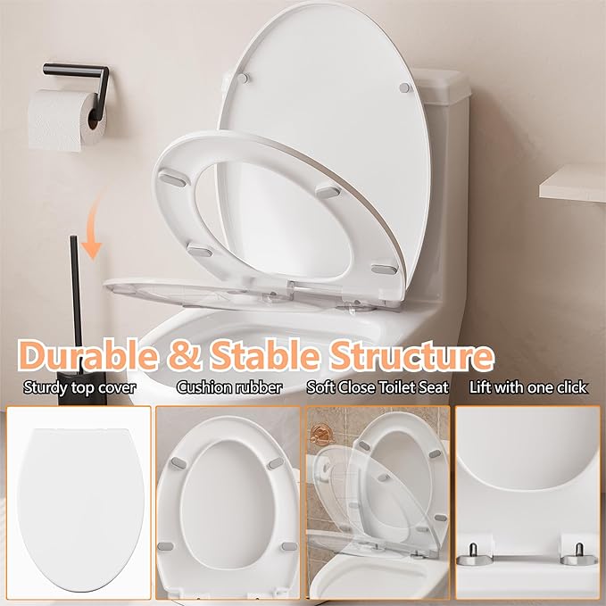 Toilet Seat Round, American Standard, Slow Close Lid, Quick Release Hinges, Non-Slip Bumpers, Easy Install & Clean, Never Loosens Design
