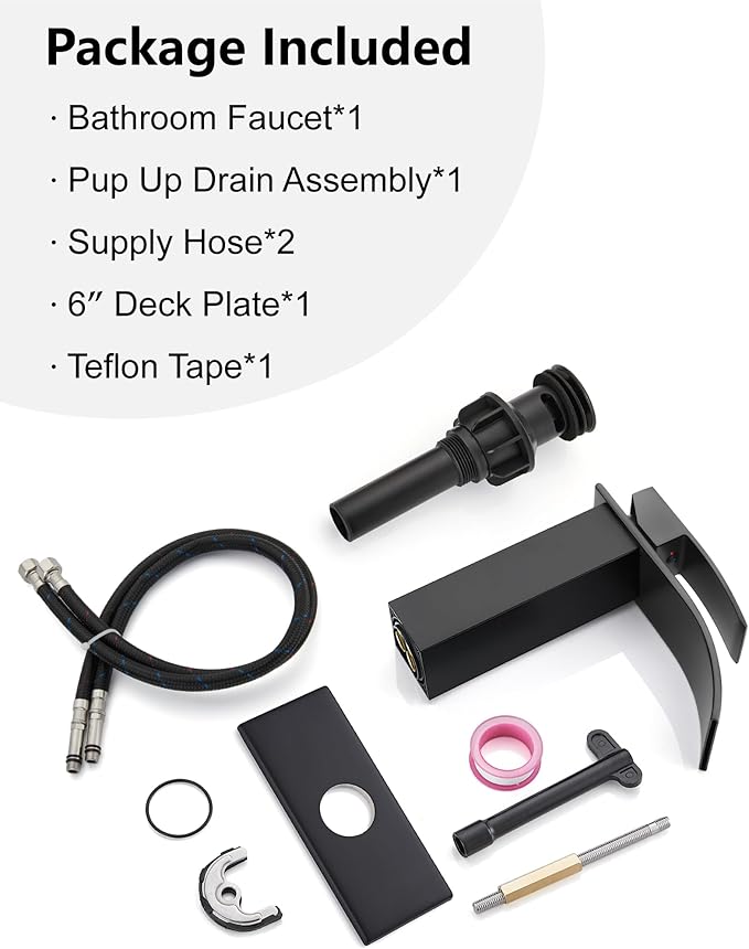 Midanya Bathroom Faucet with Waterfall Spout, Single Hole or 3-Hole Deck Mount, 304 Stainless Steel Sink Faucet with Pop-Up Drain, RV Vanity Compatible,Matte Black