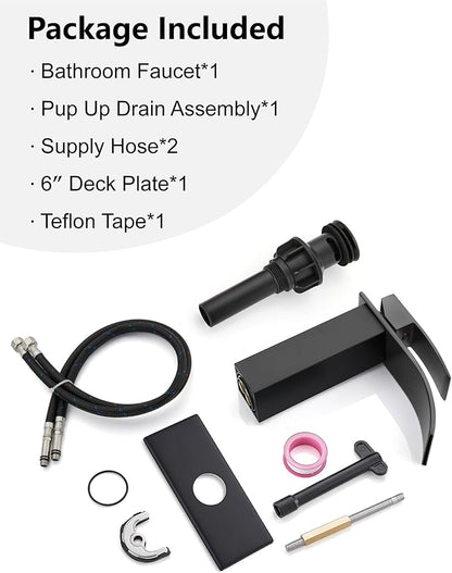 Midanya Bathroom Faucet with Waterfall Spout, Single Hole or 3-Hole Deck Mount, 304 Stainless Steel Sink Faucet with Pop-Up Drain, RV Vanity Compatible,Matte Black