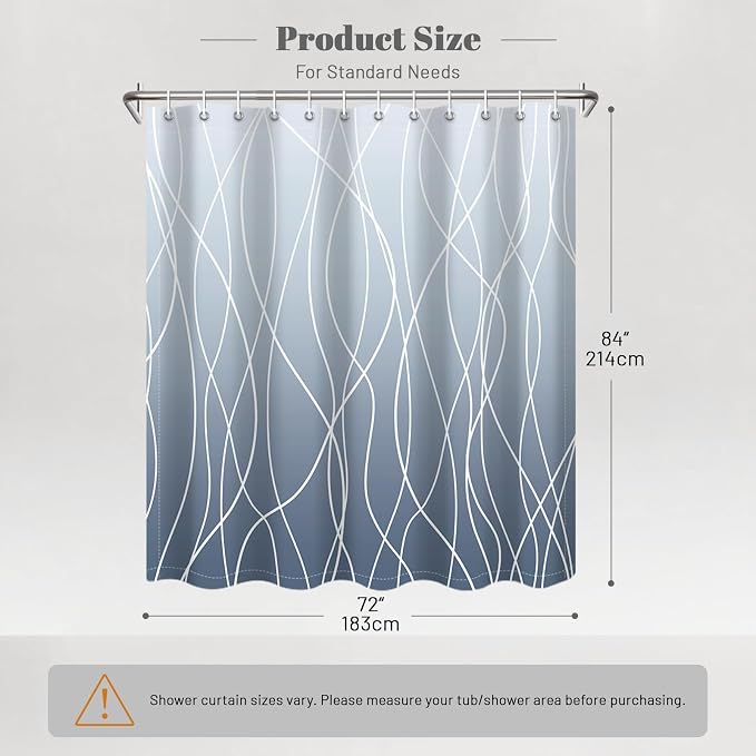 Striped Shower Curtain for Bathroom, Ombre Blue, 72" W x 84" L | with Hooks, Modern Hotel Style, Water Repellent, Washable, Weighted Hem