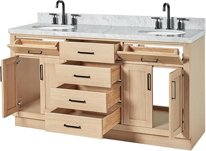 ARIEL Hepburn 66-inch Bathroom Vanity with Sink,Solid Wood, 1.5-inch Italian Carrara Marble Countertop & Backsplash, Double Oval Porcelain Sink, 4 Soft Closing Doors, 6 Dovetail Drawers, White Oak
