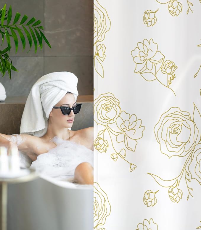 Shower Curtain for Bathroom Stall Boho Modern Cute Aesthetic Decorative Girly Waterproof Unique White and Gold Rose Girls Flower Design Teen Pretty Women Cortinas de Baño Bathtub 72 x72 Inch