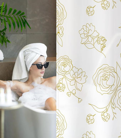 Shower Curtain for Bathroom Stall Boho Modern Cute Aesthetic Decorative Girly Waterproof Unique White and Gold Rose Girls Flower Design Teen Pretty Women Cortinas de Baño Bathtub 72 x72 Inch
