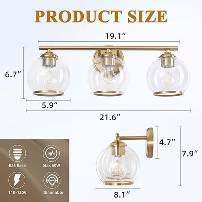 Brushed Gold Bathroom Vanity Light Over Mirror, 3 Light Bathroom Light Fixtures with Clear Globe Glass Shade, Modern Vanity Lighting Wall Mounted