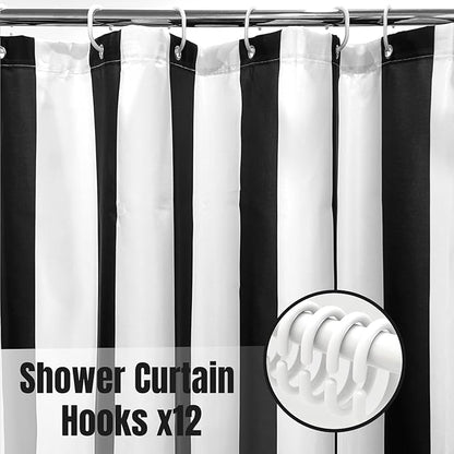 Striped Shower Curtain, Black and White Retro Pastel Striped Pattern, Waterproof Polyester Fabric Shower Curtains Sets with Hooks for Bathroom 72x72 Inches