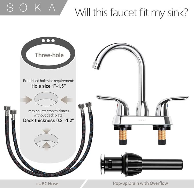 SOKA Two Handles Centerset Bathroom Faucet for Sink High Arc Stainless Steel with Deck Plate & Pop-Up Drain Assembly Fit 3 Hole Installation, Chrome (SK18001C)