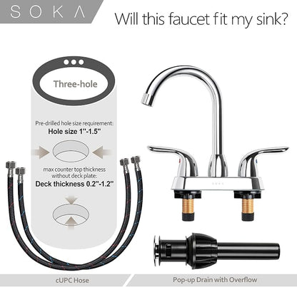 SOKA Two Handles Centerset Bathroom Faucet for Sink High Arc Stainless Steel with Deck Plate & Pop-Up Drain Assembly Fit 3 Hole Installation, Chrome (SK18001C)