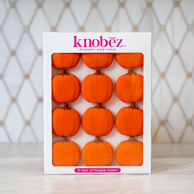 Knobēz 12pk Pumpkin Decorative Knob Covers - Autumn Cabinet Decorations | Fits 1 to 1.5 in round or square hardware, stretchable fabric sleeves for kitchen, bathroom, and seasonal home decor