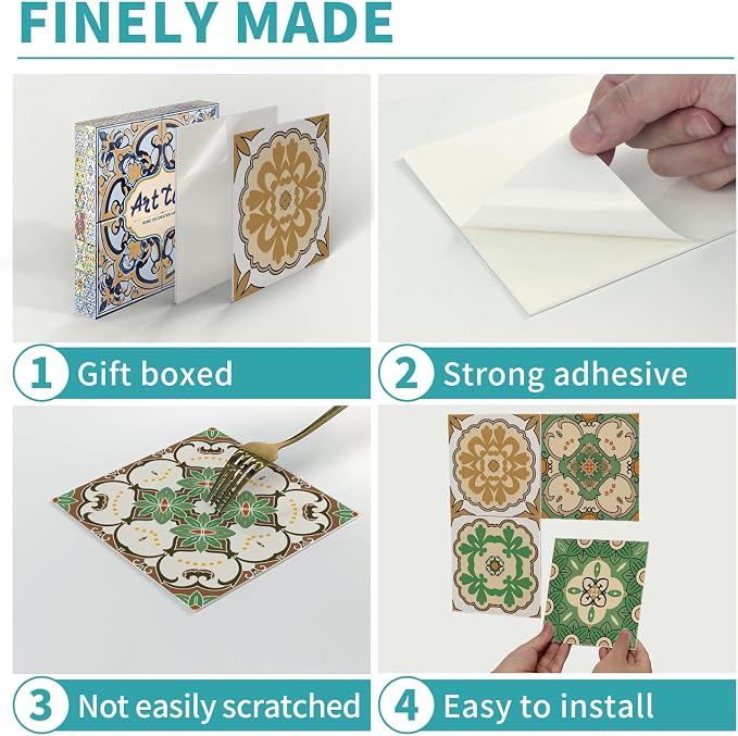 6X6 in Green Mandala Tile Stickers,12Pcs Wall Tile Decals | 1.6mm-Thick Foam+PE Tiles,Self Adhesive Backsplash Tile,Waterproof Removable Wall Decor for Kitchen,Bathroom