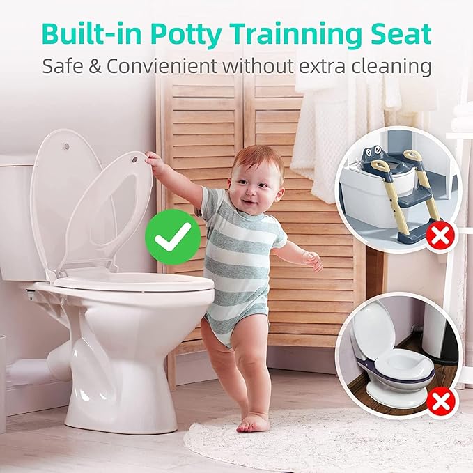 Elongated Toilet Seat Adult/Child,Built-In Potty Training Seat, Soft Quiet Close Non-Slip Seat, Easy to Install & Clean,Magnetic Kids Seat and Cover for Elongated Oval Toilets,White