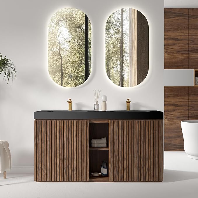 60" Bathroom Vanity with Double Sink, Freestanding Double Sink Bathroom Vanity with Black Engineered Stone Top, Open Storage Cabinet & Adjustable Shelf, 4 Soft-Closing Doors, Walnut