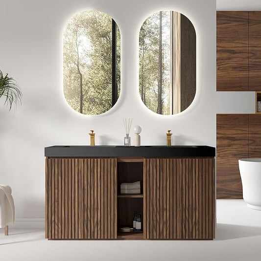 60" Bathroom Vanity with Double Sink, Freestanding Double Sink Bathroom Vanity with Black Engineered Stone Top, Open Storage Cabinet & Adjustable Shelf, 4 Soft-Closing Doors, Walnut