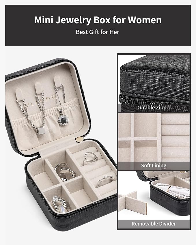 VLANDO Travel Jewelry Case with Mirror, Storage 3 Pairs of Stud Earrings | Necklace Hook for Anti-tangle, Removable Dividers, Waterproof PU Leather,Portable Storage for Rings, Necklace Gifts for Women