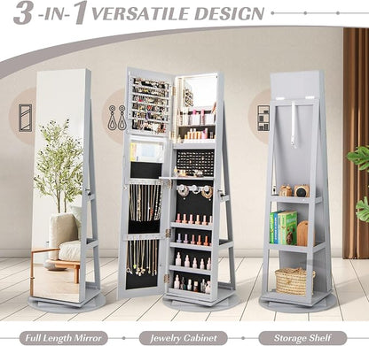 MAT EXPERT 360° Rotating Jewelry Armoire, Lockable Freestanding Jewelry Organizer w/Full-length Mirror, 3-Color LED Lights, Rear Storage Shelves, Mirror Jewelry Cabinet for Bedroom (Gray)