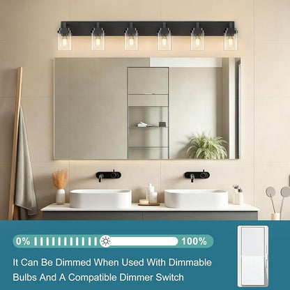 Matte Black Bathroom Light Fixtures, Modern Vanity Lights with Clear Glass Lamp Shade, Bathroom Lighting Fixtures Over Mirror, Restroom Vanity Lighting Fixture, 6-Light 46 Inch