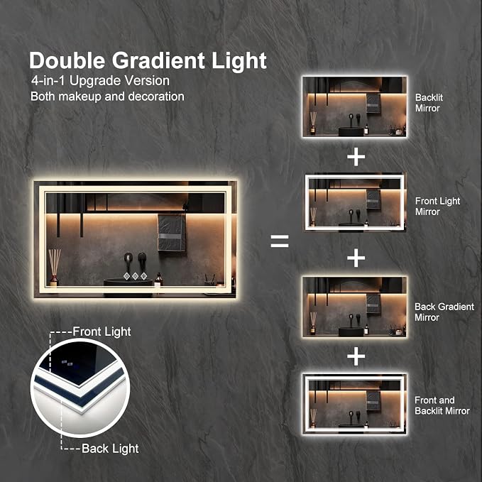 LED Vanity Mirror, 48x30 Inch Gradient Front and Backlit LED Mirror for Bathroom, 3 Colors Dimmable CRI>90 Double Lights, IP54 Enhanced Anti-Fog, Hanging Plates Wall Mount Lighted Mirror
