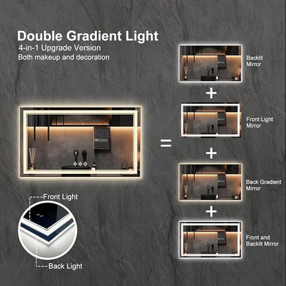 LED Vanity Mirror, 48x30 Inch Gradient Front and Backlit LED Mirror for Bathroom, 3 Colors Dimmable CRI>90 Double Lights, IP54 Enhanced Anti-Fog, Hanging Plates Wall Mount Lighted Mirror