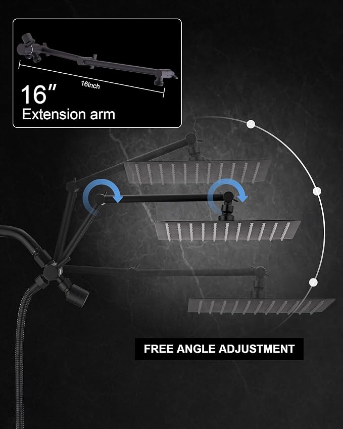 10" Rainfall Shower Head with Handheld Combo, High Pressure Dual Showerhead with Square Rain& Magnetic Hand Sprayer, 15" Adjustable Metal Extension Arm (Matte Black)
