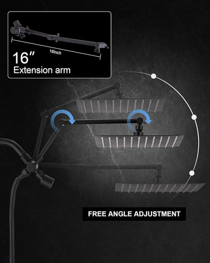 10" Rainfall Shower Head with Handheld Combo, High Pressure Dual Showerhead with Square Rain& Magnetic Hand Sprayer, 15" Adjustable Metal Extension Arm (Matte Black)