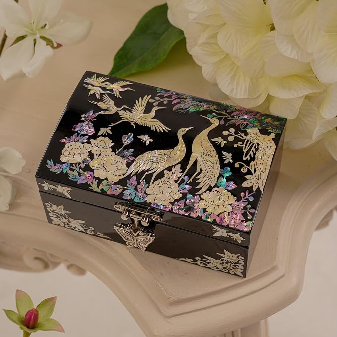 Mother of Pearl Jewelry Box – Christmas, Birthday, Valentine’s Day & Mother’s Day Gift for Women, Wedding Keepsake, Elegant Holiday Stocking Stuffer (Cranes in Bloom)
