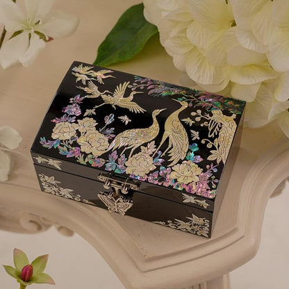Mother of Pearl Jewelry Box – Christmas, Birthday, Valentine’s Day & Mother’s Day Gift for Women, Wedding Keepsake, Elegant Holiday Stocking Stuffer (Cranes in Bloom)