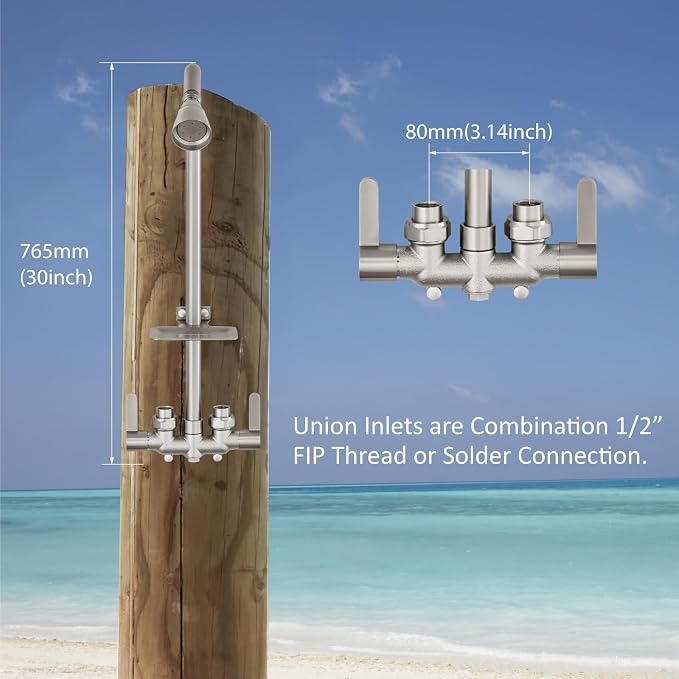 Aolemi Outdoor Shower Kit, Upward-Facing Inlets, Brushed Nickel | 3-Inch Center Hot And Cold Mixer Valve, Dual Handles, with Soap Dish For Convenient Outdoor Shower Use