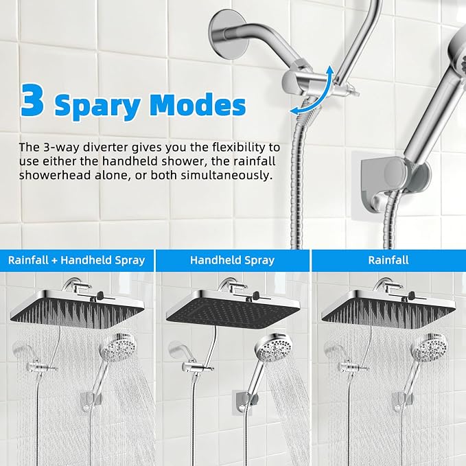 13'' 5-spray Rain Shower Head with 10-Spray Handheld, Chrome | cUPC Certified High Pressure Dual Showerhead Combo, Upgraded Rainfall Shower Head, 12'' Extension Arm, 71'' Hose & Holder
