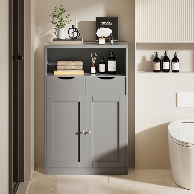 Vongrasig Bathroom Storage Cabinet, 42.5" H Freestanding Floor Cabinet | Wooden Modern Cabinet with 2 Drawers, Open Shelf and Adjustable Shelf for Bathroom, Laundry Room and Entryway, Grey